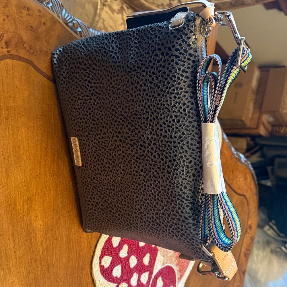Consuela Textured Pewter crossbody purse with Colorful Strap